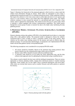 International Journal of Computer Networks & Communications (IJCNC) Vol.15, No.5, September 2023
59
Figure 2 illustrates the framework of the proposed approach, which involves a sensor node that
collects local information through its sensors. These nodes are anticipated to move along a
predetermined transmission path [23] or a defined transmission point. Unlike traditional schemes
that require the collector to visit every sensor node to collect data and stores it in its memory and
moves to a new location, where it can collect data from additional sensor nodes. The mobile
collector continues to move around the network in a pre-defined path until it reaches a base
station, where it uploads the collected data. This scheme involves the use of a sensor node, which
is typically a vehicle equipped with wireless communication capabilities. The vehicle passes
through the several group of nodes to transmit the data to the leader node, facilitating the data
gathering process.
3. PROPOSED MODEL: ITINERARY PLANNING SCHEMA-DATA GATHERER
(IPS-DG)
Itinerary planning schema data gatherer (IPS-DG) is the detailed path travel plan or a route plan
along with a data gatherer facility. The proposed model is designed to choose the vehicle's
customized path or route. It helps to create a systematic outline of the entire journey. Most
vehicles use the online route tracking system for the journey and need an effective plan for
optimal coverage. To overcome these disadvantages, we proposed a new implementation IPS-DG
model with the data gatherer facility in the predefined path.
The following assumptions were considered for our proposed IPS-DG model.
1. All sensors should be immobile. Based on the minimum hop routing protocol, these
sensors should cover the communication range within a pre-set distance.
2. Monitor nodes (MNs) should be located within the predefined range
3. A stationary node should be set up within the sensor deployment area, and the data
collector must approach only for uploading the obtained data using a modified device
This schema is used to identify the best route with the intelligent transportation. There are various
approaches to itinerary planning models, ranging from rule-based systems to machine learning
algorithms. Some models rely on user inputs such as preferred destinations and travel dates,
while others use external data sources such as weather forecasts and traffic patterns to optimize
the itinerary.
Figure 3. Itinerary planning model with data gatherer
 