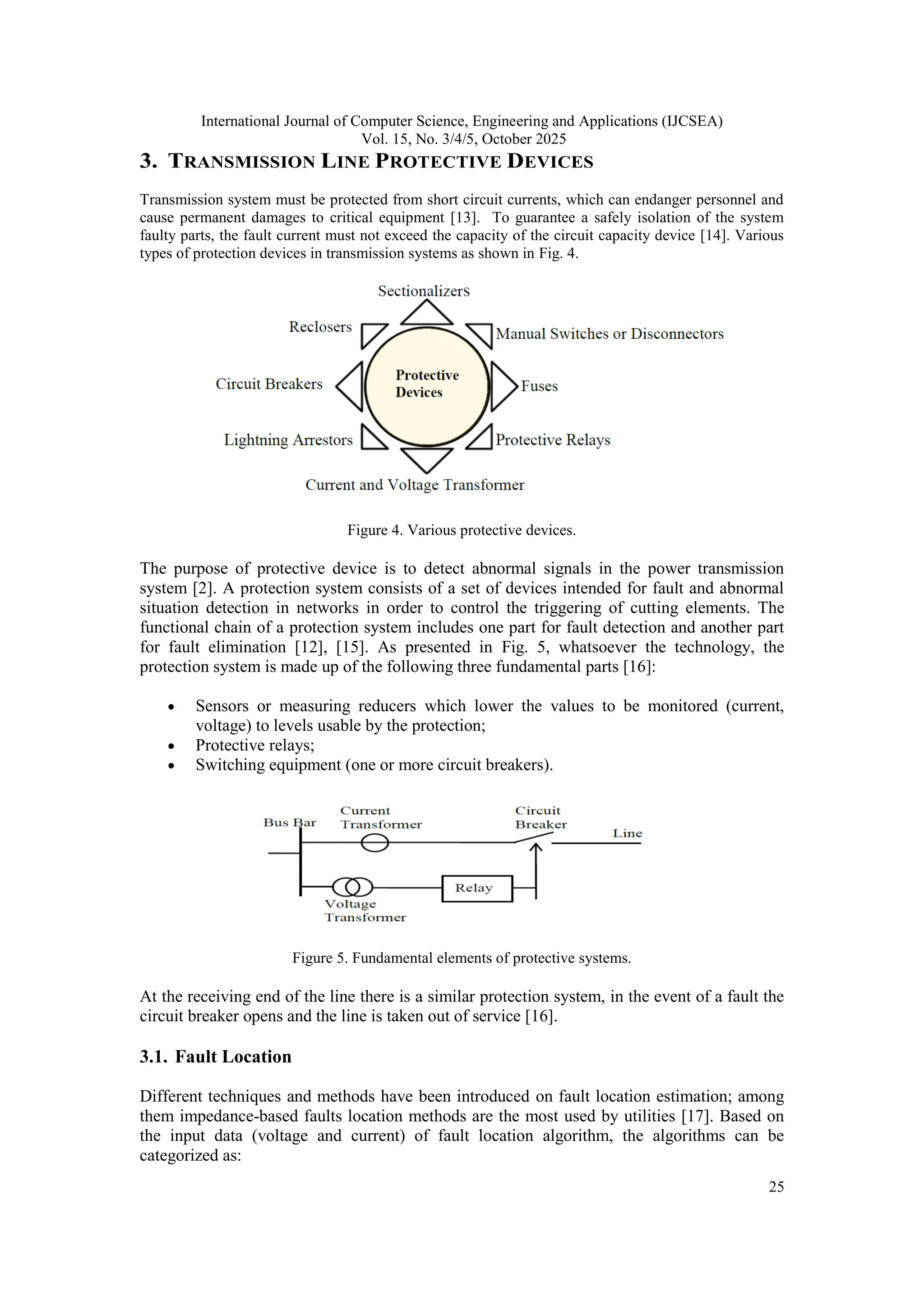 International Journal of Computer Science, Engineering and Applications (IJCSEA)
Vol. 15, No. 3/4/5, October 2025
25
3. TRANSMISSION LINE PROTECTIVE DEVICES
Transmission system must be protected from short circuit currents, which can endanger personnel and
cause permanent damages to critical equipment [13]. To guarantee a safely isolation of the system
faulty parts, the fault current must not exceed the capacity of the circuit capacity device [14]. Various
types of protection devices in transmission systems as shown in Fig. 4.
Figure 4. Various protective devices.
The purpose of protective device is to detect abnormal signals in the power transmission
system [2]. A protection system consists of a set of devices intended for fault and abnormal
situation detection in networks in order to control the triggering of cutting elements. The
functional chain of a protection system includes one part for fault detection and another part
for fault elimination [12], [15]. As presented in Fig. 5, whatsoever the technology, the
protection system is made up of the following three fundamental parts [16]:
 Sensors or measuring reducers which lower the values to be monitored (current,
voltage) to levels usable by the protection;
 Protective relays;
 Switching equipment (one or more circuit breakers).
Figure 5. Fundamental elements of protective systems.
At the receiving end of the line there is a similar protection system, in the event of a fault the
circuit breaker opens and the line is taken out of service [16].
3.1. Fault Location
Different techniques and methods have been introduced on fault location estimation; among
them impedance-based faults location methods are the most used by utilities [17]. Based on
the input data (voltage and current) of fault location algorithm, the algorithms can be
categorized as:
 