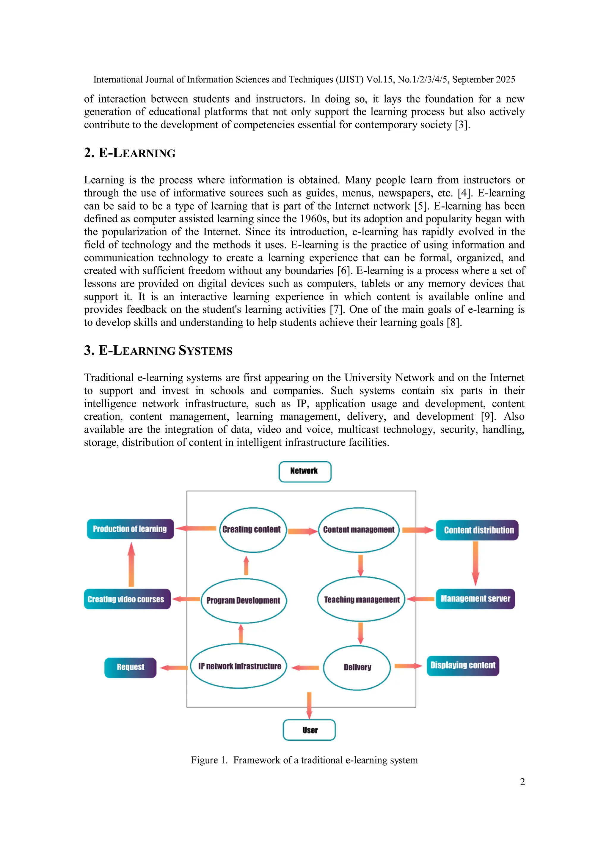 International Journal of Information Sciences and Techniques (IJIST) Vol.15, No.1/2/3/4/5, September 2025
2
of interaction between students and instructors. In doing so, it lays the foundation for a new
generation of educational platforms that not only support the learning process but also actively
contribute to the development of competencies essential for contemporary society [3].
2. E-LEARNING
Learning is the process where information is obtained. Many people learn from instructors or
through the use of informative sources such as guides, menus, newspapers, etc. [4]. E-learning
can be said to be a type of learning that is part of the Internet network [5]. E-learning has been
defined as computer assisted learning since the 1960s, but its adoption and popularity began with
the popularization of the Internet. Since its introduction, e-learning has rapidly evolved in the
field of technology and the methods it uses. E-learning is the practice of using information and
communication technology to create a learning experience that can be formal, organized, and
created with sufficient freedom without any boundaries [6]. E-learning is a process where a set of
lessons are provided on digital devices such as computers, tablets or any memory devices that
support it. It is an interactive learning experience in which content is available online and
provides feedback on the student's learning activities [7]. One of the main goals of e-learning is
to develop skills and understanding to help students achieve their learning goals [8].
3. E-LEARNING SYSTEMS
Traditional e-learning systems are first appearing on the University Network and on the Internet
to support and invest in schools and companies. Such systems contain six parts in their
intelligence network infrastructure, such as IP, application usage and development, content
creation, content management, learning management, delivery, and development [9]. Also
available are the integration of data, video and voice, multicast technology, security, handling,
storage, distribution of content in intelligent infrastructure facilities.
Figure 1. Framework of a traditional e-learning system
 