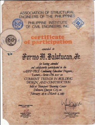 A$SOCIATICNOFSTRUCTURAL-
ENGINEERSOFTHEPHILIPPINE*
PHILIPPINEINSTITUTE
CFCIVILENGINEERS,INC
annrfud''tn
Ssrmo$ll,balatucer,&
forfuMaffidd
G?dsdt@binfr'frodinth
c'45tr -lHCeMb,,thg€fudiilt%Wwrl-
I^wtruWerc.xrron
CURRETVTIREND' IN H/IIJIIG
tD€SIgL'4 lD @IVfTRUCTION
lteldat frmryrt TrnningCnter
Dilirwn,furynCitlon
z8taefuIarcb4,ry81
?NNO?.ALCATTARA
ffirtASfP
-l
t -*-
FAFAELf.tnre
Chinrlt.A#P
qrtimftrtEdtE tion
" Corrrmittw
'{
ERTTESTOl. Df eaSTnO
Cnh,rot':,PrE
Cqftt' nuing C.E. Eatrati on
j'r Contmittrle
',:
ffi
-z
tsb
,lr;nns.,r*rrlft
t
 