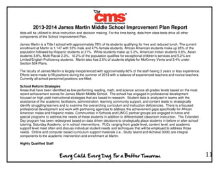 2013-2014 James Martin Middle School Improvement Plan Report
11
data will be utilized to drive instruction and decision making. For the time being, data from state tests drive all other
components of the School Improvement Plan.
James Martin is a Title I school with approximately 78% of its students qualifying for free and reduced lunch. The current
enrollment at Martin is 1,147 with 53% male and 47% female students. African American students make up 65% of the
population followed by Hispanic students at 21%. White students make up 5.2%, American Indian students 0.6%, Asian
students 3.8%, Multi-Racial 2.3%. 10.2% of the population qualifies for exceptional children’s services and 5.2% are
Limited English Proficiency students. Martin also has 2.5% of students eligible for McKinney Vento and 3.4% under
Section 504 Plans.
The faculty of James Martin is largely inexperienced with approximately 60% of the staff having 3 years or less experience.
Efforts were made to fill positions during the summer of 2013 with a balance of experienced teachers and novice teachers.
Currently all school personnel positions are filled.
School Reform Strategies
Areas that have been identified as low-performing reading, math, and science across all grades levels based on the most
recent achievement scores for James Martin Middle School. The school has engaged in professional development
focused on high yield instructional strategies that are based in research. Student data is analyzed in teams with the
assistance of the academic facilitators, administration, learning community support, and content leads to strategically
identify struggling learners and to examine the overarching curriculum and instruction deficiencies. There is a focused
professional development and work with partnering agencies to address the achievement gaps specifically for African
American males and Hispanic males. Communities in Schools and UNCC partner groups are engaged in tutors and
special programs to address the needs of these students in addition to differentiated classroom instruction. The Extended
Day program has been redesigned based on data driven decisions to strategically place students in before or after school
tutoring, Saturday Academy, or in school interventions. PLCs ranging from grade level, content level, and academic
support level meet often and discuss individual student needs and techniques that will be employed to address those
needs. Online and computer based curriculum support materials (i.e., Study Island and Achieve 3000) are integral
components to the academic intervention and enrichment at Martin.
Highly Qualified Staff
 