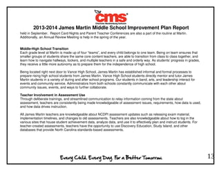 2013-2014 James Martin Middle School Improvement Plan Report
13
held in September. Report Card Nights and Parent Teacher Conferences are also a part of the routine at Martin.
Additionally, an Annual Review Meeting is help in the spring of the year.
Middle-High School Transition
Each grade level at Martin is made up of four “teams”, and every child belongs to one team. Being on team ensures that
smaller groups of students share the same core content teachers, are able to transition from class to class together, and
learn how to navigate hallways, lockers, and multiple teachers in a safe and orderly way. As students’ progress in grades,
they receive a little more autonomy as to prepare them for the independence of high school.
Being located right next door to Vance High School, James Martin has established informal and formal processes to
prepare rising high school students from James Martin. Vance High School students directly mentor and tutor James
Martin students in a variety of during and after school programs. Our students in band, arts, and leadership interact for
events and community service. Administrators from both schools constantly communicate with each other about
community issues, events, and ways to further collaborate.
Teacher Involvement in Assessment Use
Through deliberate trainings, and streamlined communication to relay information coming from the state about
assessment, teachers are consistently being made knowledgeable of assessment issues, requirements, how data is used,
and how data drives instruction.
All James Martin teachers are knowledgeable about NCDPI assessment updates such as releasing exam material,
implementation timelines, and changes to old assessments. Teachers are also knowledgeable about how to log in the
various sites that house student achievement data, analyze data, and use it to effectively plan and instruct students. For
teacher-created assessments, teachers have the opportunity to use Discovery Education, Study Island, and other
databases that provide North Carolina standards-based assessments.
 