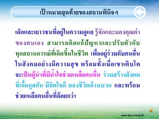 เปาหมายสุ ดท้ ายของสถานพินิจฯ
             ้

เด็กและเยาวชนที่อยู่ในความดูแล รู้ จักและมองคุณค่ า
ของตนเอง สามารถคิ ด แก้ ปั ญ หาและปรั บ ตั ว กั บ
ทุกสถานการณ์ ที่เกิดขึนในชี วิต เพื่ออยู่ร่วมกับคนอื่น
                         ้
ในสั ง คมอย่ า งมี ค วามสุ ข พร้ อมทั้ ง เมื่ อ เขาเติ บ โต
จะเป็ นผู้นาที่มีน้าใจช่ วยเหลือคนอื่น ร่ วมสร้ างสั งคม
ที่เกื้อกูลกัน มีจิตใจดี มองชี วิตด้ านบวก และพร้ อม
ช่ วยเหลือคนอืนที่ด้อยกว่ า
                ่

                                                 www.djop.moj.go.th
 