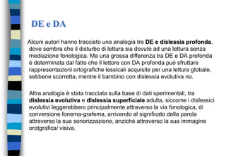 DE e DA
Alcuni autori hanno tracciato una analogia tra DE e dislessia profonda,
dove sembra che il disturbo di lettura sia dovuto ad una lettura senza
mediazione fonologica. Ma una grossa differenza tra DE e DA profonda
è determinata dal fatto che il lettore con DA profonda può sfruttare
rappresentazioni ortografiche lessicali acquisite per una lettura globale,
sebbene scorretta, mentre il bambino con dislessia evolutiva no.
Altra analogia è stata tracciata sulla base di dati sperimentali, tra
dislessia evolutiva e dislessia superficiale adulta, siccome i dislessici
evolutivi leggerebbero principalmente attraverso la via fonologica, di
conversione fonema-grafema, arrivando al significato della parola
attraverso la sua sonorizzazione, anziché attraverso la sua immagine
orotgrafica/ visiva.
 