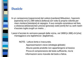 Daniele
In un campanone [capannone] del catiere [cantiere] Mitsubisci, l’operario
[operaria] nel [n.] 389 lattava [lottava] con tutta la propria volontà per
risen.risistere [resistere] al capogiro. Il suo compito consisteva nel fare,
a distanza [distanze] ben preciso [precise] vede [venti] fori su certi nastri
d’acciaio luglio.lunghi un metro. ..
I pezzi d’acciaio le venivano passati dalla vicina, nel 3888 [n.388] chi [che]
maneggiava una tagliatrecce [tagliatrice]..
NOTE: Lettura lenta e inaccurata.
Approssimazioni visive (strategia globale)
Alcune parole prodotte non appartengono al lessico
Prova di comprensione del testo sufficiente, ma le
informazioni sono ricavate dal testo a fatica.
 