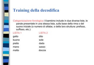 Training della decodifica
Categorizzazione fonologica: il bambino include in due diverse liste, le
parole presentate in una stessa lista, sulla base della rima o del
suono iniziale (o numero di sillabe, o della loro struttura: prefisso,
suffisso, etc.):
LISTA 1 LISTA 2
gatto dito
buono sole
piatto dado
mano sasso
matto doccia
 