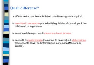 Quali differenze?
Le differenze tra buoni e cattivi lettori potrebbero riguardare quindi:
-la quantità di conoscenze precedenti (linguistiche e/o enciclopediche)
relative ad un argomento;
-la capienza del magazzino di memoria a breve termine;
-la capacità di mantenimento (componente passiva) e di elaborazione
(componente attiva) dell’informazione in memoria (Memoria di
Lavoro).
 
