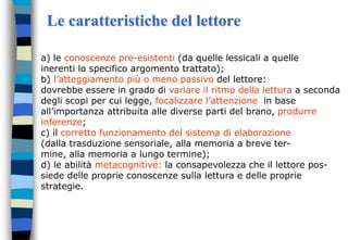 Le caratteristiche del lettore
a) le conoscenze pre-esistenti (da quelle lessicali a quelle
inerenti lo specifico argomento trattato);
b) l’atteggiamento più o meno passivo del lettore:
dovrebbe essere in grado di variare il ritmo della lettura a seconda
degli scopi per cui legge, focalizzare l’attenzione in base
all’importanza attribuita alle diverse parti del brano, produrre
inferenze;
c) il corretto funzionamento del sistema di elaborazione
(dalla trasduzione sensoriale, alla memoria a breve ter-
mine, alla memoria a lungo termine);
d) le abilità metacognitive: la consapevolezza che il lettore pos-
siede delle proprie conoscenze sulla lettura e delle proprie
strategie.
 