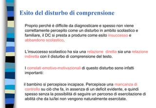 Esito del disturbo di comprensione
Proprio perché è difficile da diagnosticare e spesso non viene
correttamente percepito come un disturbo in ambito scolastico e
familiare, il DC si presta a produrre come esito insuccesso e
abbandono scolastico.
L’insuccesso scolastico ha sia una relazione diretta sia una relazione
indiretta con il disturbo di comprensione del testo.
I correlati emotivo-motivazionali di questo disturbo sono infatti
importanti:
il bambino si percepisce incapace. Percepisce una mancanza di
controllo su ciò che fa, in assenza di un deficit evidente, e quindi
spesso senza la possibilità di seguire un percorso di esercitazione di
abilità che da lui/lei non vengono naturalmente esercitate.
 