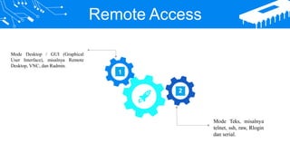 Remote Access
(Graphical
Mode Desktop / GUI
User Interface), misalnya Remote
Desktop, VNC, dan Radmin.
Mode Teks, misalnya
telnet, ssh, raw, Rlogin
dan serial.
1
2
 