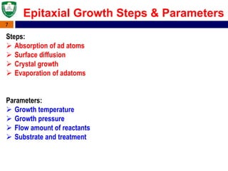 7
Steps:
 Absorption of ad atoms
 Surface diffusion
 Crystal growth
 Evaporation of adatoms
Parameters:
 Growth temperature
 Growth pressure
 Flow amount of reactants
 Substrate and treatment
Epitaxial Growth Steps & Parameters
 