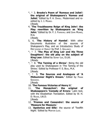 *, † 3. Brooke's Poem of 'Romeus and Juliet':
the original of Shakespeare's 'Romeo and
Juliet.' Edited by P. A. Daniel. Modernised and re-
edited by J. J. Munro.
[Ready.
4. 'The Troublesome Reign of King John': the
Play rewritten by Shakespeare as 'King
John.' Edited by Dr. F. J. Furnivall and John Munro,
M.A.
[Ready.
5, 6. 'The History of Hamlet': With other
Documents illustrative of the sources of
Shakspeare's Play, and an Introductory Study of
the Legend of Hamlet by Prof. I. Gollancz.
*, † 7. 'The Play of King Leir and His Three
Daughters': the old play on the subject of
King Lear. Edited by Sidney Lee, D.Litt.
[Ready.
*, † 8. 'The Taming of a Shrew': Being the old
play used by Shakespeare in 'The Taming of the
Shrew.' Edited by Professor F. S. Boas, M.A.
[Ready.
*, † 9. The Sources and Analogues of 'A
Midsummer Night's Dream.' Edited by Frank
Sidgwick.
[Ready.
10. 'The Famous Victories of Henry V.'
11. 'The Menæchmi': the original of
Shakespeare's 'Comedy of Errors.' Latin text,
with the Elizabethan Translation. Edited by W. H.
D. Rouse, Litt.D.
[Ready.
12. 'Promos and Cassandra': the source of
'Measure for Measure.'
13. 'Apolonius and Silla': the source of 'Twelfth
Night.' Edited by Morton Luce.
 