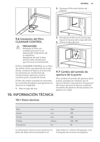 9.6 Instalación del filtro
CLEANAIR CONTROL
PRECAUCIÓN!
Manipule el filtro con
cuidado para que no se
desprendan fragmentos de
su superficie.
Asegúrese de que la tapa
del aire esté cerrada para
que funcione correctamente.
El filtro CLEANAIR CONTROL es un filtro
de carbón activo que absorbe los malos
olores, conserva el sabor y el aroma de
los alimentos en condiciones de
mantenimiento óptimas y evita la
contaminación cruzada de olores.
El filtro de carbón activado se suministra
en una bolsa de plástico que garantiza su
duración e integridad.
1. Abra la tapa del aire.
2. Extraiga el filtro de la bolsa de
plástico.
3. Introduzca el filtro en la ranura que
hay en el reverso de la tapa del aire.
4. Cierre la tapa del aire.
9.7 Cambio del sentido de
apertura de la puerta
Para cambiar el sentido de apertura de la
puerta, póngase en contacto con el
servicio técnico más próximo. El personal
del centro de servicio técnico cambiará
el sentido de apertura de las puertas con
gastos a su cargo.
10. INFORMACIÓN TÉCNICA
10.1 Datos técnicos
Alto mm 1865
Ancho mm 595
Fondo mm 668
Voltaje Voltios 230 - 240
Frecuencia Hz 50
La información técnica se encuentra en la
placa de datos técnicos situada en el
lado exterior o interior del aparato, y en
la etiqueta de consumo energético.
ESPAÑOL 67
 