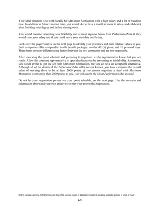 © 2014 Cengage Learning. All Rights Reserved. May not be scanned, copied or duplicated, or posted to a publicly accessible website, in whole or in part
6-9
Your ideal situation is to work locally for Maximum Motivation with a high salary and a lot of vacation
time. In addition to future vacation time, you would like to have a month or more to relax (and celebrate)
after finishing your degree and before starting work.
You would consider accepting less flexibility and a lower sign-on bonus from PerformanceMax if they
would raise your salary and if you could move your start date out further.
Look over the payoff matrix on the next page to identify your priorities and their relative values to you.
Both companies offer comparable health benefit packages; similar 401(k) plans; and 10 personal days.
These items are non-differentiating factors between the two companies and are non-negotiable.
After reviewing the point schedule and preparing to negotiate, let the representative know that you are
ready. Allow the company representative to open the discussion by presenting an initial offer. Remember,
you would prefer to get the job with Maximum Motivation, but you do have an acceptable alternative.
Although all of the details of the PerformanceMax offer are not known, you have estimated the overall
value of working there to be at least 2000 points. If you cannot negotiate a deal with Maximum
Motivation worth more than 2000 points to you, you will accept the job at PerformanceMax instead.
Do not let your negotiation partner see your point schedule, on the next page. Use the scenario and
information above and your own creativity to play your role in this negotiation.
 