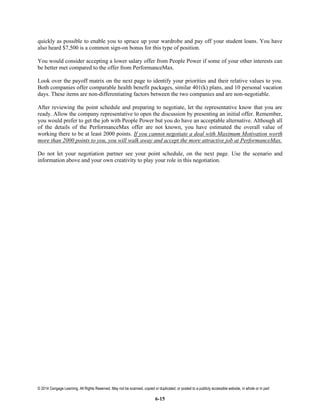 © 2014 Cengage Learning. All Rights Reserved. May not be scanned, copied or duplicated, or posted to a publicly accessible website, in whole or in part
6-15
quickly as possible to enable you to spruce up your wardrobe and pay off your student loans. You have
also heard $7,500 is a common sign-on bonus for this type of position.
You would consider accepting a lower salary offer from People Power if some of your other interests can
be better met compared to the offer from PerformanceMax.
Look over the payoff matrix on the next page to identify your priorities and their relative values to you.
Both companies offer comparable health benefit packages, similar 401(k) plans, and 10 personal vacation
days. These items are non-differentiating factors between the two companies and are non-negotiable.
After reviewing the point schedule and preparing to negotiate, let the representative know that you are
ready. Allow the company representative to open the discussion by presenting an initial offer. Remember,
you would prefer to get the job with People Power but you do have an acceptable alternative. Although all
of the details of the PerformanceMax offer are not known, you have estimated the overall value of
working there to be at least 2000 points. If you cannot negotiate a deal with Maximum Motivation worth
more than 2000 points to you, you will walk away and accept the more attractive job at PerformanceMax.
Do not let your negotiation partner see your point schedule, on the next page. Use the scenario and
information above and your own creativity to play your role in this negotiation.
 