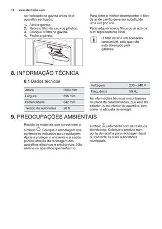 ser colocado na gaveta antes de o
aparelho ser ligado.
1. Abra a gaveta.
2. Retire o filtro do saco de plástico.
3. Coloque o filtro na gaveta.
4. Feche a gaveta.
Para obter o melhor desempenho, o filtro
de ar de carvão deve ser substituído
uma vez por ano.
Pode adquirir novos filtros de ar activos
num representante local.
O filtro de ar é um acessório
consumível, pelo que não
está abrangido pela
garantia.
8. INFORMAÇÃO TÉCNICA
8.1 Dados técnicos
Altura 2000 mm
Largura 595 mm
Profundidade 642 mm
Tempo de autonomia 20 h
Voltagem 230 - 240 V
Frequência 50 Hz
As informações técnicas encontram-se
na placa de características, que está no
exterior ou no interior do aparelho, bem
como na etiqueta de energia.
9. PREOCUPAÇÕES AMBIENTAIS
Recicle os materiais que apresentem o
símbolo . Coloque a embalagem nos
contentores indicados para reciclagem.
Ajude a proteger o ambiente e a saúde
pública através da reciclagem dos
aparelhos eléctricos e electrónicos. Não
elimine os aparelhos que tenham o
símbolo juntamente com os resíduos
domésticos. Coloque o produto num
ponto de recolha para reciclagem local
ou contacte as suas autoridades
municipais.
www.electrolux.com14
 