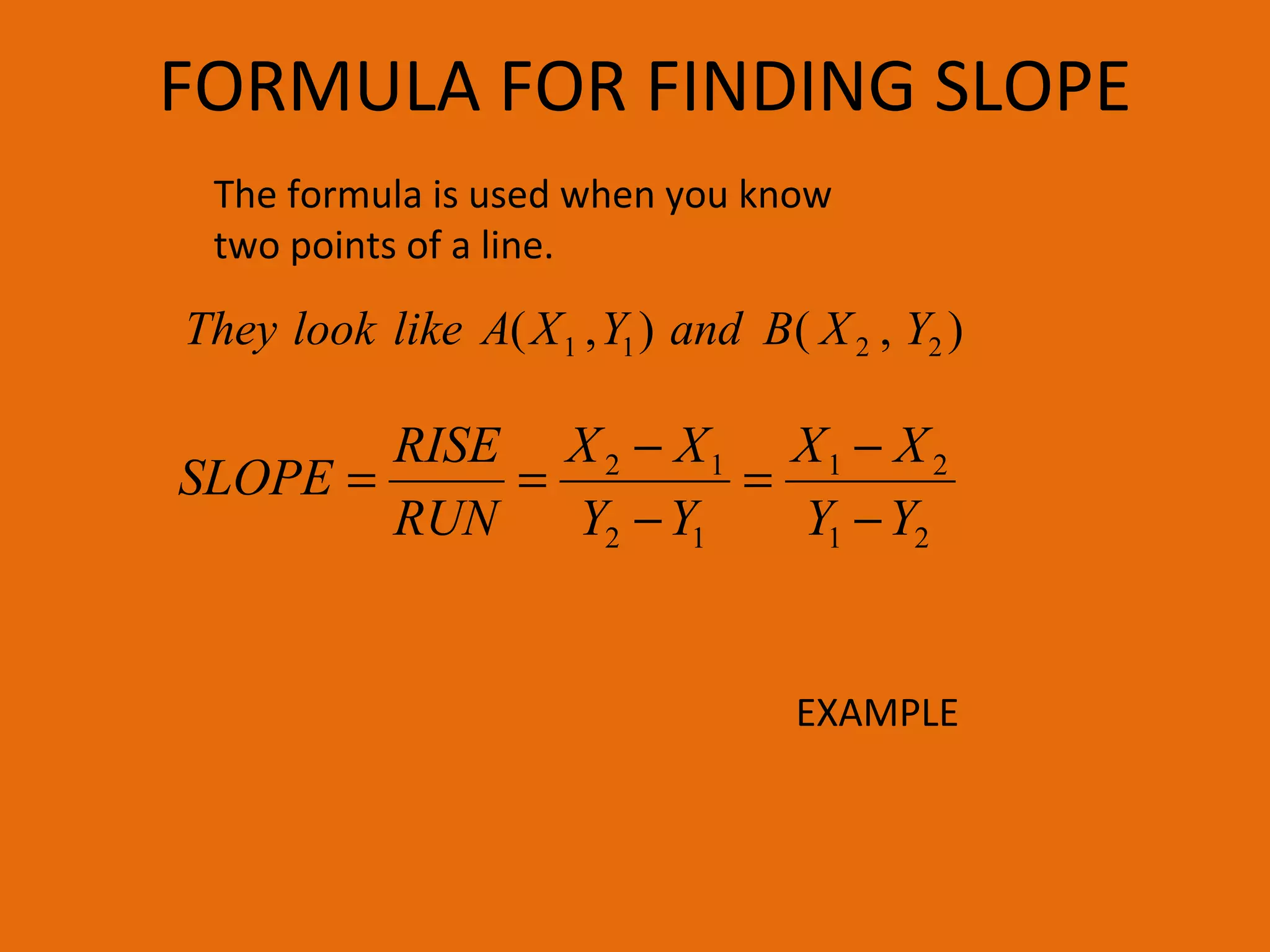 FORMULA FOR FINDING SLOPE
21
21
12
12
YY
XX
YY
XX
RUN
RISE
SLOPE
−
−
=
−
−
==
The formula is used when you know
two points of a line.
),(),( 2211 YXBandYXAlikelookThey
EXAMPLE
 