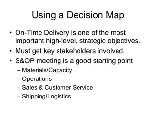 Using a Decision Map
• On-Time Delivery is one of the most
important high-level, strategic objectives.
• Must get key stakeholders involved.
• S&OP meeting is a good starting point
– Materials/Capacity
– Operations
– Sales & Customer Service
– Shipping/Logistics
 