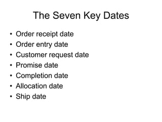 The Seven Key Dates
• Order receipt date
• Order entry date
• Customer request date
• Promise date
• Completion date
• Allocation date
• Ship date
 