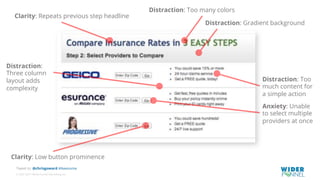 © 2007-2017 WiderFunnel Marketing Inc.
Tweet to: @chrisgoward #Awesome
Clarity: Repeats previous step headline
Clarity: Low button prominence
Distraction: Too many colors
Distraction: Gradient background
Distraction:
Three column
layout adds
complexity
Distraction: Too
much content for
a simple action
Anxiety: Unable
to select multiple
providers at once
 