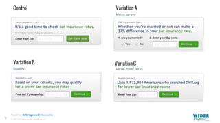 © 2007-2017 WiderFunnel Marketing Inc.
Tweet to: @chrisgoward #Awesome
Micro-survey
Qualify Social Proof focus
Control Variation A
Variation B Variation C
?
 