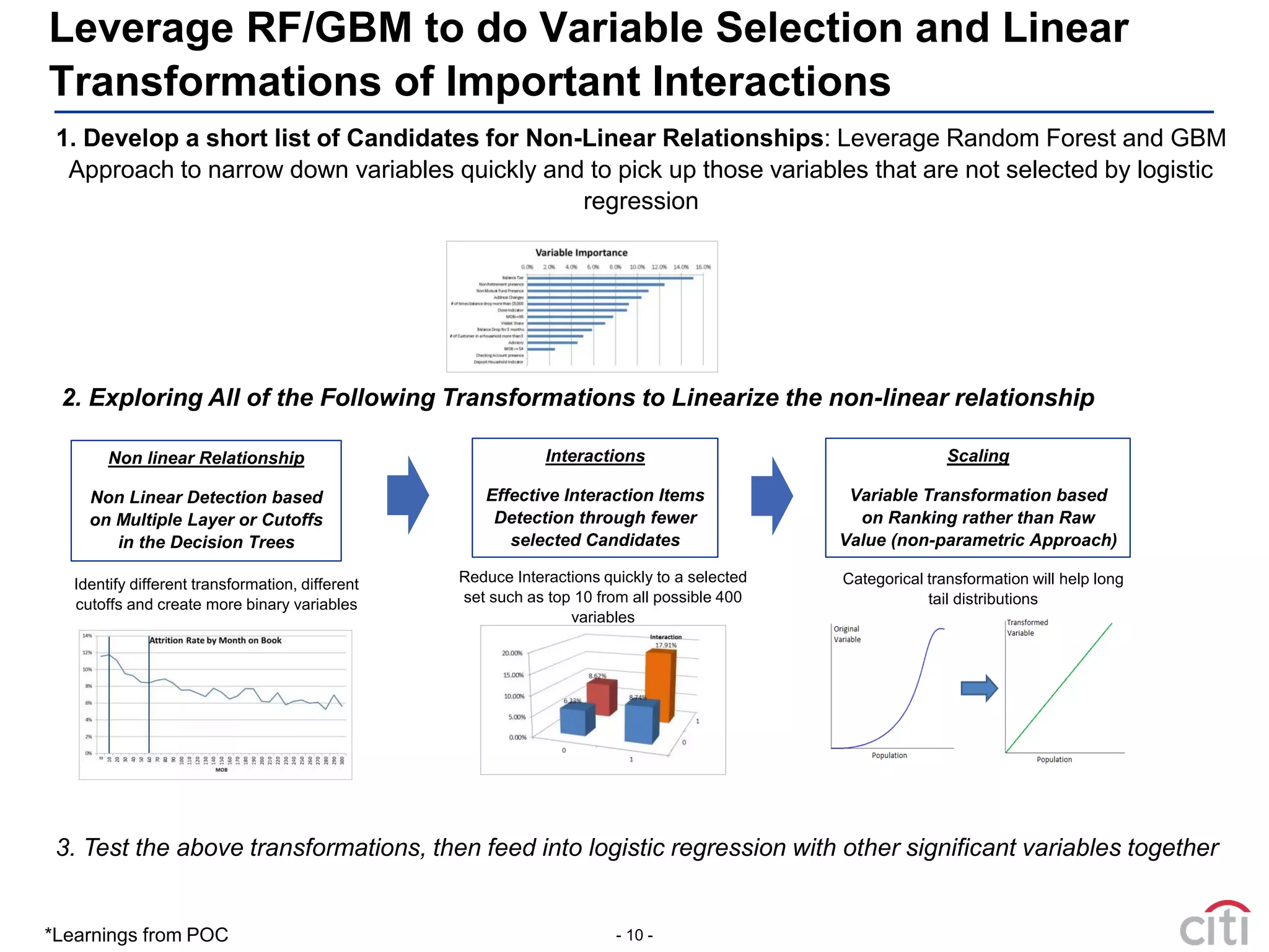 - 10 -
Leverage RF/GBM to do Variable Selection and Linear
Transformations of Important Interactions
Reduce Interactions quickly to a selected
set such as top 10 from all possible 400
variables
1. Develop a short list of Candidates for Non-Linear Relationships: Leverage Random Forest and GBM
Approach to narrow down variables quickly and to pick up those variables that are not selected by logistic
regression
Non linear Relationship
Non Linear Detection based
on Multiple Layer or Cutoffs
in the Decision Trees
Interactions
Effective Interaction Items
Detection through fewer
selected Candidates
Scaling
Variable Transformation based
on Ranking rather than Raw
Value (non-parametric Approach)
Categorical transformation will help long
tail distributions
Identify different transformation, different
cutoffs and create more binary variables
2. Exploring All of the Following Transformations to Linearize the non-linear relationship
3. Test the above transformations, then feed into logistic regression with other significant variables together
*Learnings from POC
 