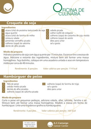 Croquete de soja
FICINA DE
CULINÁRIA
1
1
2
1
500ml
1 1
1/4
1
2
2
Ingredientes
Hambúrguer de peixe
2
filés de peixe
cebola média picada
dentes de alho picados
colheres (sopa) de salsinha picada
1
2
4
Ingredientes
colheres (sopa) de farinha de trigo
sal a gosto
óleo para untar
4
Modo de preparo
Rendimento: 4 porções Valor calórico por porção: 163 kcal
Corte o peixe em pequenos pedaços, adicione cebola, alho, salsinha, farinha e sal.
Misture bem até formar uma massa homogênea. Modele a massa em forma de
hambúrguer. Unte uma frigideira e grelhe os hambúrgueres.
Modo de preparo
Rendimento: 8 porções Valor calórico por porção: 114 kcal
Hidrate a proteína de soja com água quente por 15 minutos. Escorra e tire o excesso de
água. Adicione o restante dos ingredientes, misture bem até formar uma massa
homogênea. Faça bolinho, coloque em uma assadeira untada e asse em temperatura
média por cerca de 40 minutos.
cebola picada
colher (café) de orégano
colheres (sopa) de castanha de caju moída
colheres (sopa) de azeite
óleo para untar
sal a gosto
xícara (chá) de proteína texturizada de soja
água quente
xícara (chá) de farinha de milho
cenoura ralada
pimentão vermelho picado
colheres (sopa) de salsinha
dente de alho picado
 
