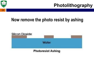 19
Photolithography
Now remove the photo resist by ashing
 