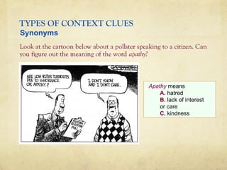 TYPES OF CONTEXT CLUES
Look at the cartoon below about a pollster speaking to a citizen. Can
you figure out the meaning of the word apathy?
Apathy means
A. hatred
B. lack of interest
or care
C. kindness
Synonyms
 