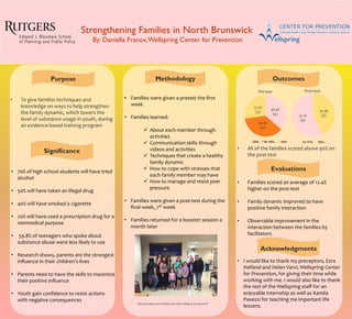 Strengthening Families in North Brunswick
By: Daniella Franov,Wellspring Center for Prevention
Purpose
Significance
Methodology Outcomes
Evaluations
Acknowledgments	
  	
  
•  To	
  give	
  families	
  techniques	
  and	
  
knowledge	
  on	
  ways	
  to	
  help	
  strengthen	
  
the	
  family	
  dynamic,	
  which	
  lowers	
  the	
  
level	
  of	
  substance	
  usage	
  in	
  youth,	
  during	
  
an	
  evidence-­‐based	
  training	
  program	
  
•  70%	
  of	
  high	
  school	
  students	
  will	
  have	
  tried	
  
alcohol	
  
•  50%	
  will	
  have	
  taken	
  an	
  illegal	
  drug	
  
•  40%	
  will	
  have	
  smoked	
  a	
  cigarette	
  
	
  
•  20%	
  will	
  have	
  used	
  a	
  prescription	
  drug	
  for	
  a	
  
nonmedical	
  purpose	
  
•  	
  59.8%	
  of	
  teenagers	
  who	
  spoke	
  about	
  
substance	
  abuse	
  were	
  less	
  likely	
  to	
  use	
  
•  Research	
  shows,	
  parents	
  are	
  the	
  strongest	
  
inﬂuence	
  in	
  their	
  children’s	
  lives	
  
•  Parents	
  need	
  to	
  have	
  the	
  skills	
  to	
  maximize	
  
their	
  positive	
  inﬂuence	
  
•  Youth	
  gain	
  conﬁdence	
  to	
  resist	
  actions	
  
with	
  negative	
  consequences	
  
•  Families	
  scored	
  an	
  average	
  of	
  12.4%	
  
higher	
  on	
  the	
  post-­‐test	
  
	
  
•  Family	
  dynamic	
  improved	
  to	
  have	
  
positive	
  family	
  interaction	
  
	
  
•  Observable	
  improvement	
  in	
  the	
  
interaction	
  between	
  the	
  families	
  by	
  
facilitators	
  
•  I	
  would	
  like	
  to	
  thank	
  my	
  preceptors,	
  Ezra	
  
Helfand	
  and	
  Helen	
  Varvi,	
  Wellspring	
  Center	
  
for	
  Prevention,	
  for	
  giving	
  their	
  time	
  while	
  
working	
  with	
  me.	
  I	
  would	
  also	
  like	
  to	
  thank	
  
the	
  rest	
  of	
  the	
  Wellspring	
  staﬀ	
  for	
  an	
  
enjoyable	
  internship	
  as	
  well	
  as	
  Kamila	
  
Pavezzi	
  for	
  teaching	
  me	
  important	
  life	
  
lessons.	
  
•  Families	
  were	
  given	
  a	
  pretest	
  the	
  ﬁrst	
  
week	
  
•  Families	
  learned:	
  
	
  
ü  About	
  each	
  member	
  through	
  
activities	
  
ü  Communication	
  skills	
  through	
  
videos	
  and	
  activities	
  
ü  Techniques	
  that	
  create	
  a	
  healthy	
  
family	
  dynamic	
  
ü  How	
  to	
  cope	
  with	
  stresses	
  that	
  
each	
  family	
  member	
  may	
  have	
  
ü  How	
  to	
  manage	
  and	
  resist	
  peer	
  
pressure	
  
•  Families	
  were	
  given	
  a	
  post-­‐test	
  during	
  the	
  
ﬁnal	
  week,	
  7th	
  week	
  
•  Families	
  returned	
  for	
  a	
  booster	
  session	
  a	
  
month	
  later	
  
36.4%	
  
(4)
36.4%	
  
(4)	
  
	
  
27.2%	
  
(3)
Pre-­‐test	
  
<80% 80-90% >90%
42.9%	
  
(3)57.1%	
  
(4)
Post-­‐test	
  
92-97% 98%>
•  All	
  of	
  the	
  families	
  scored	
  above	
  90%	
  on	
  
the	
  post-­‐test	
  
*pictured	
  above	
  are	
  families	
  and	
  staﬀ	
  willing	
  to	
  be	
  pictured*	
  
 