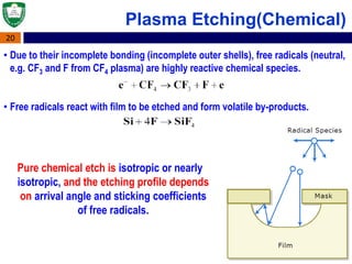 20
• Due to their incomplete bonding (incomplete outer shells), free radicals (neutral,
e.g. CF3 and F from CF4 plasma) are highly reactive chemical species.
• Free radicals react with film to be etched and form volatile by-products.
Pure chemical etch is isotropic or nearly
isotropic, and the etching profile depends
on arrival angle and sticking coefficients
of free radicals.
Plasma Etching(Chemical)
 