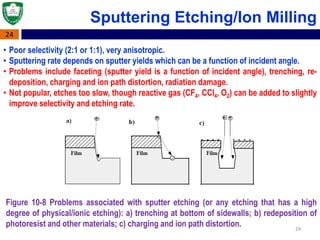 24
Figure 10-8 Problems associated with sputter etching (or any etching that has a high
degree of physical/ionic etching): a) trenching at bottom of sidewalls; b) redeposition of
photoresist and other materials; c) charging and ion path distortion. 24
• Poor selectivity (2:1 or 1:1), very anisotropic.
• Sputtering rate depends on sputter yields which can be a function of incident angle.
• Problems include faceting (sputter yield is a function of incident angle), trenching, re-
deposition, charging and ion path distortion, radiation damage.
• Not popular, etches too slow, though reactive gas (CF4, CCl4, O2) can be added to slightly
improve selectivity and etching rate.
Sputtering Etching/Ion Milling
 