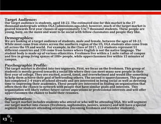 Target Audience:
Demographics:
Psychographic Profile:
Segmentation:
13
 