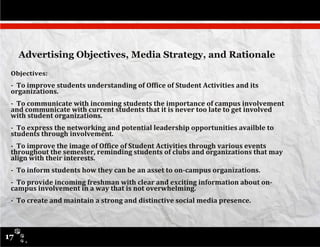 Advertising Objectives, Media Strategy, and Rationale
17
 