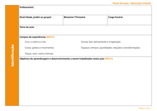 Identificação
Professor(es):
Nível (idade, jardim ou grupo): Bimestre/Trimestre: Carga horária:
Tema da aula:
Campos de experiências (BNCC):
Objetivos de aprendizagem e desenvolvimento a serem trabalhados nesta aula (BNCC):
O eu, o outro e o nós
Corpo, gestos e movimentos
Traços, sons, cores e formas
Escuta, fala, pensamento e imaginação
Espaços, tempos, quantidades, relações e transformações
Plano de aula - Educação Infantil
Página 1 de 3
 