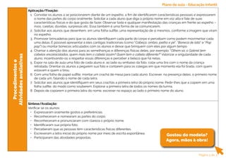 Procedimentos
e
Atividades
avaliativas
Aplicação/Fixação:
1. Convidar os alunos a se posicionarem diante de um espelho, a fim de identificarem características pessoais e expressarem
o nome das partes do corpo oralmente. Solicitar a cada aluno que diga o próprio nome em voz alta e fale de suas
características físicas e do que gosta de fazer. Observar toda e qualquer manifestação das crianças em frente ao espelho –
risos, caretas, dúvidas, surpresas etc. Essa também é uma forma de se comunicarem.
2. Solicitar aos alunos que desenhem, em uma folha sulfite, uma representação de si mesmos, conforme a imagem que viram
no espelho.
3. Promover brincadeiras para que os alunos identifiquem cada parte do corpo e percebam como podem movimentar cada
uma delas. É possível apresentar a eles cantigas tradicionais (como “Cabeça, ombro, joelho e pé”, “Boneca de lata” e “Pop
pop”) ou montar bonecos articulados com os alunos e deixar que brinquem com eles por algum tempo.
4. Chamar a atenção dos alunos para as semelhanças e diferenças físicas deles, por exemplo: “Olhem só, o Gabriel tem
cabelos encaracolados, quem mais tem o cabelo assim? Quem tem o cabelo diferente?” Valorizar a singularidade de cada
aluno, incentivando-os a respeitar essas diferenças e perceber a beleza que há nelas.
5. Expor na sala de aula uma foto de cada aluno e, ao lado ou embaixo da foto, colar uma tira com o nome da criança
retratada. Orientar os alunos a pegarem sua foto e contarem para os colegas em que momento ela foi tirada, com quem
estavam e quem a tirou.
6. Com uma folha de papel sulfite, montar um crachá de mesa para cada aluno. Escrever, na presença deles, o primeiro nome
de cada um, falando o nome de cada letra.
7. Solicitar aos alunos que identifiquem em seus crachás a primeira letra do próprio nome. Pedir-lhes que a copiem em uma
folha sulfite, do modo como souberem. Explorar a primeira letra de todos os nomes da turma.
8. Depois de copiarem a primeira letra do nome, escrever no espaço ao lado o primeiro nome do aluno.
Síntese/Avaliação:
Verificar se os alunos:
• Expressaram oralmente gostos e preferências.
• Reconheceram e nomearam as partes do corpo.
• Reconheceram e pronunciaram com clareza o próprio nome.
• Identificaram sua própria foto.
• Perceberam que as pessoas têm características físicas diferentes.
• Escreveram a letra inicial do próprio nome por meio de escrita espontânea.
• Participaram das atividades propostas.
Gostou do modelo?
Agora, mãos à obra!
Plano de aula - Educação Infantil
Página 3 de 3
 