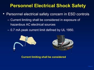 Personnel Electrical Shock Safety
• Personnel electrical safety concern in ESD controls
– Current limiting shall be considered in exposure of
hazardous AC electrical sources
– 0.7 mA peak current limit defined by UL 1950.
Slide 22
Current limiting shall be considered
 