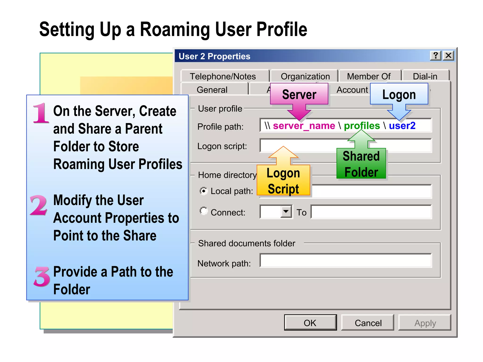 Setting Up a Roaming User Profile
                         User 2 Properties

                           Telephone/Notes       Organization     Member Of        Dial-in
                             General          Address           Account         Profile
                                                 Server                      Logon
 On the Server, Create       User profile

 and Share a Parent          Profile path:     server_name  profiles  user2

 Folder to Store             Logon script:
                                                                 Shared
 Roaming User Profiles
                             Home directory   Logon              Folder
                                Local path:   Script
 Modify the User
                                Connect:               To
 Account Properties to
 Point to the Share          Shared documents folder

                             Network path:
 Provide a Path to the
 Folder

                                                        OK          Cancel         Apply
 