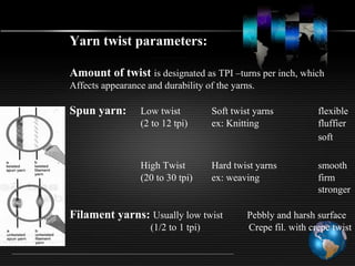 Yarn twist parameters:
Amount of twist is designated as TPI –turns per inch, which
Affects appearance and durability of the yarns.
Spun yarn: Low twist Soft twist yarns flexible
(2 to 12 tpi) ex: Knitting fluffier
soft
High Twist Hard twist yarns smooth
(20 to 30 tpi) ex: weaving firm
stronger
Filament yarns: Usually low twist Pebbly and harsh surface
(1/2 to 1 tpi) Crepe fil. with crepe twist
 