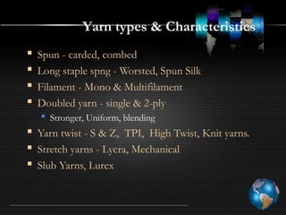 Yarn types & Characteristics
 Spun - carded, combed
 Long staple spng - Worsted, Spun Silk
 Filament - Mono & Multifilament
 Doubled yarn - single & 2-ply
 Stronger, Uniform, blending
 Yarn twist - S & Z, TPI, High Twist, Knit yarns.
 Stretch yarns - Lycra, Mechanical
 Slub Yarns, Lurex
 