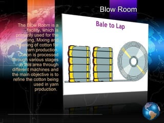 Blow RoomBlow Room
The Blow Room is a
facility, which is
primarily used for the
Cleaning, Mixing and
Opening of cotton for
yarn production.
Cotton is processed
through various stages
in this area through
different machines and
the main objective is to
refine the cotton being
used in yarn
production.
 