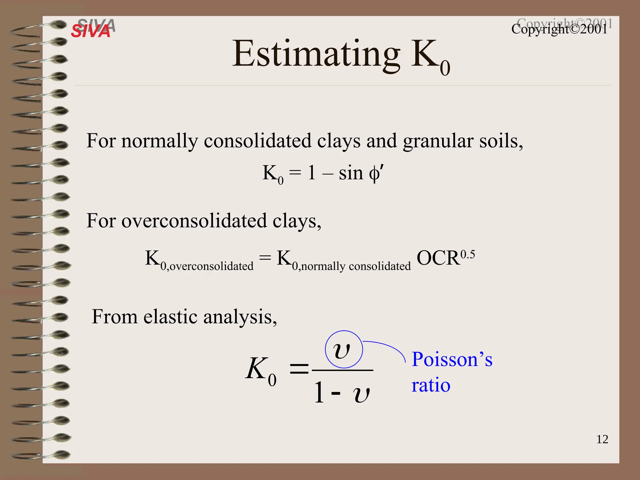 12
SIVA Copyright©2001
Estimating K0
For normally consolidated clays and granular soils,
K0 = 1 – sin ’
For overconsolidated clays,
K0,overconsolidated = K0,normally consolidated OCR0.5
From elastic analysis,




1
0
K Poisson’s
ratio
 