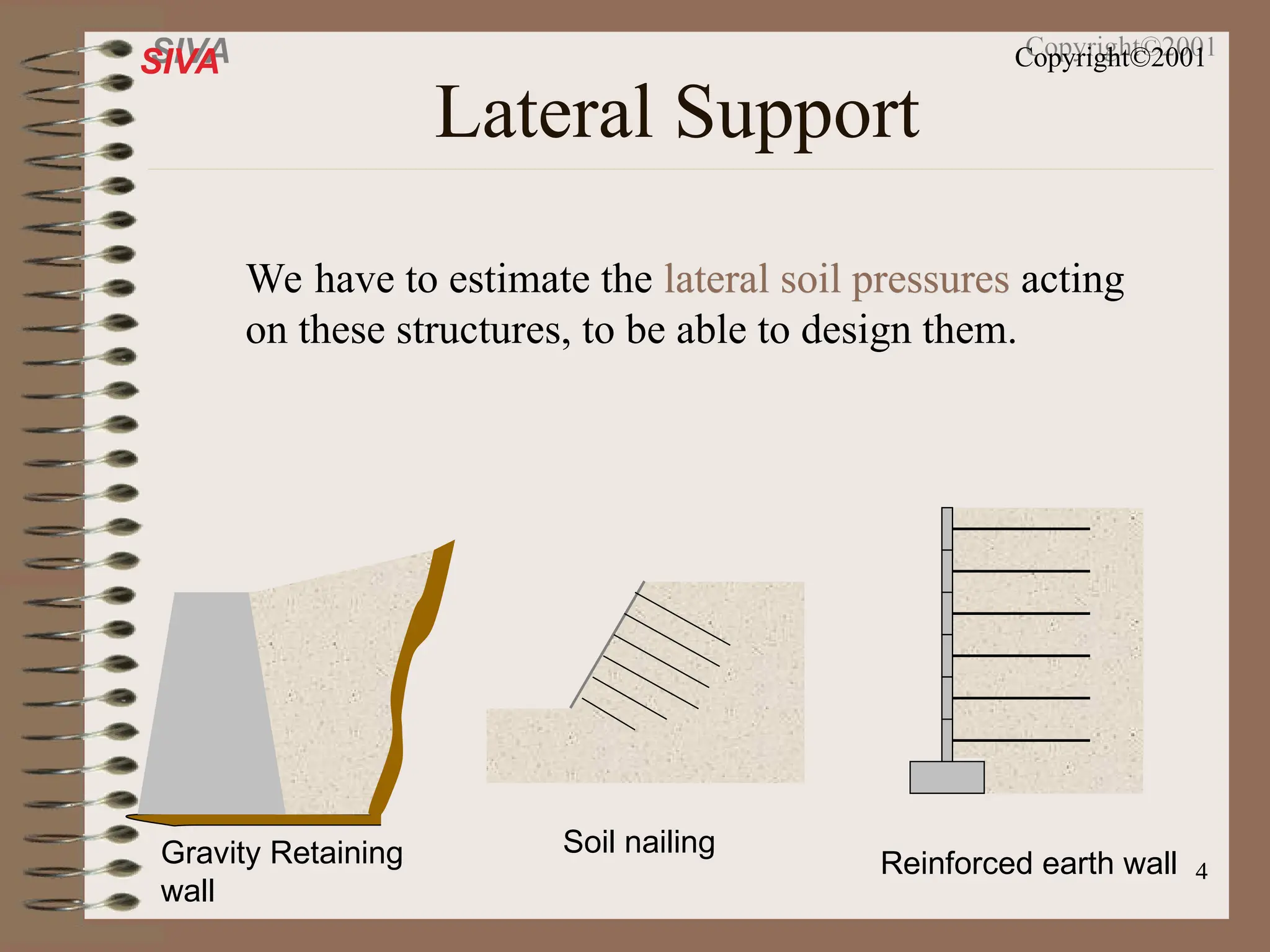 4
SIVA Copyright©2001
Lateral Support
We have to estimate the lateral soil pressures
lateral soil pressures acting
on these structures, to be able to design them.
Gravity Retaining
wall
Soil nailing
Reinforced earth wall
 