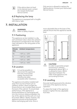 If the advice does not lead
to the desired result, contact
the nearest Authorised
Service Centre.
6.2 Replacing the lamp
The appliance is equipped with a longlife
LED interior light.
Only service is allowed to replace the
lighting device. Contact your Authorised
Service Centre.
7. INSTALLATION
WARNING!
Refer to Safety chapters.
7.1 Positioning
This appliance can be installed in a dry,
well ventilated indoor where the ambient
temperature corresponds to the climate
class indicated on the rating plate of the
appliance:
Climate
class
Ambient temperature
SN +10°C to + 32°C
N +16°C to + 32°C
ST +16°C to + 38°C
T +16°C to + 43°C
7.2 Location
It must be possible to
disconnect the appliance
from the mains power
supply; the plug must
therefore be easily
accessible after installation.
The appliance should be installed well
away from sources of heat such as
radiators, boilers, direct sunlight etc.
Ensure that air can circulate freely around
the back of the cabinet. To ensure best
performance, if the appliance is
positioned below an overhanging wall
unit, the minimum distance between the
top of the cabinet and the wall unit must
be at least 100mm. Ideally, however, the
appliance should not be positioned
below overhanging wall units. One or
more adjustable feet at the base of the
cabinet ensure that the appliance stands
level.
A B
100mm
min
20mm
CAUTION!
In order to guarantee proper
functioning in ambient
temperature above 38°C, it
is advised to have a 30mm
separation between the
sides of the appliance and
surrounding furniture.
7.3 Levelling
Accurate levelling prevents the vibration
and noise of the appliance during
operation.
To adjust the heigh of the appliance
loosen or tighten the two adjustable
front feet.
ENGLISH 11
 