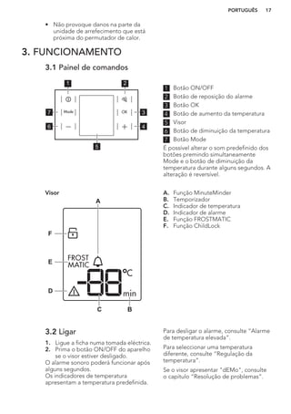 • Não provoque danos na parte da
unidade de arrefecimento que está
próxima do permutador de calor.
3. FUNCIONAMENTO
3.1 Painel de comandos
1 2
3
4
7
6
5
1 Botão ON/OFF
2 Botão de reposição do alarme
3 Botão OK
4 Botão de aumento da temperatura
5 Visor
6 Botão de diminuição da temperatura
7 Botão Mode
É possível alterar o som predefinido dos
botões premindo simultaneamente
Mode e o botão de diminuição da
temperatura durante alguns segundos. A
alteração é reversível.
Visor
A
BC
D
E
F
A. Função MinuteMinder
B. Temporizador
C. Indicador de temperatura
D. Indicador de alarme
E. Função FROSTMATIC
F. Função ChildLock
3.2 Ligar
1. Ligue a ficha numa tomada eléctrica.
2. Prima o botão ON/OFF do aparelho
se o visor estiver desligado.
O alarme sonoro poderá funcionar após
alguns segundos.
Os indicadores de temperatura
apresentam a temperatura predefinida.
Para desligar o alarme, consulte “Alarme
de temperatura elevada”.
Para seleccionar uma temperatura
diferente, consulte “Regulação da
temperatura”.
Se o visor apresentar "dEMo", consulte
o capítulo “Resolução de problemas”.
PORTUGUÊS 17
 