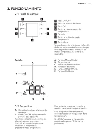 3. FUNCIONAMIENTO
3.1 Panel de control
1 2
3
4
7
6
5
1 Tecla ON/OFF
2 Tecla de reinicio de alarma
3 Tecla OK
4 Tecla de calentamiento de
temperatura
5 Pantalla
6 Tecla de enfriamiento de
temperatura
7 Tecla Mode
Se puede cambiar el volumen del sonido
de las teclas pulsando al mismo tiempo
unos segundos la tecla Mode y la de
menor temperatura. El cambio es
reversible.
Pantalla
A
BC
D
E
F
A. Función MinuteMinder
B. Temporizador
C. Indicador de temperatura
D. Indicador de alarma
E. Función FROSTMATIC
F. Función ChildLock
3.2 Encendido
1. Conecte el enchufe a la toma de
corriente.
2. Pulse ON/OFF del aparato si la
pantalla está apagada.
Puede que oiga la señal acústica de
alarma tras unos segundos.
Los indicadores de temperatura
muestran la temperatura
predeterminada programada.
Para restaurar la alarma, consulte la
sección "Alarma de temperatura alta".
Para programar otra temperatura,
consulte la sección "Regulación de la
temperatura".
Si "dEMo" aparece en la pantalla,
consulte el capítulo "Solución de
problemas".
ESPAÑOL 29
 