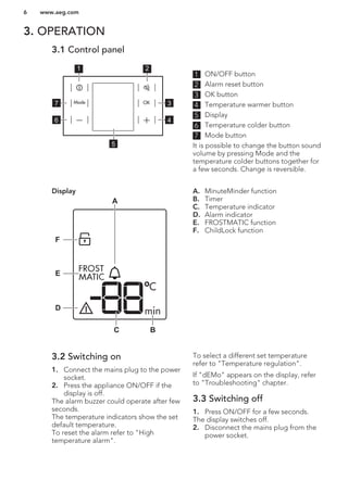 3. OPERATION
3.1 Control panel
1 2
3
4
7
6
5
1 ON/OFF button
2 Alarm reset button
3 OK button
4 Temperature warmer button
5 Display
6 Temperature colder button
7 Mode button
It is possible to change the button sound
volume by pressing Mode and the
temperature colder buttons together for
a few seconds. Change is reversible.
Display
A
BC
D
E
F
A. MinuteMinder function
B. Timer
C. Temperature indicator
D. Alarm indicator
E. FROSTMATIC function
F. ChildLock function
3.2 Switching on
1. Connect the mains plug to the power
socket.
2. Press the appliance ON/OFF if the
display is off.
The alarm buzzer could operate after few
seconds.
The temperature indicators show the set
default temperature.
To reset the alarm refer to "High
temperature alarm".
To select a different set temperature
refer to "Temperature regulation".
If "dEMo" appears on the display, refer
to "Troubleshooting" chapter.
3.3 Switching off
1. Press ON/OFF for a few seconds.
The display switches off.
2. Disconnect the mains plug from the
power socket.
www.aeg.com6
 
