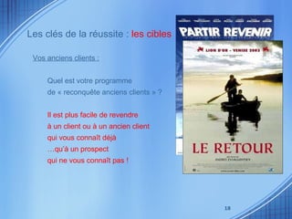 Vos anciens clients : Quel est votre programme  de « reconquête anciens clients » ? Il est plus facile de revendre  à un client ou à un ancien client  qui vous connaît déjà … qu’à un prospect  qui ne vous connaît pas ! Les clés de la réussite :  les cibles 