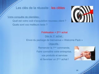 Votre conquête de clientèles : Quel est votre coût d’acquisition nouveau client ? Quels sont vos meilleurs tests ? Fidélisation = 2 ème  achat Dès le 1 er  achat :   Envoi du package de bienvenue « Welcome Pack » Objectifs  :  Remercier la 1 ère  commande,  Faire connaître votre entreprise,  vos produits et services et favoriser un 2 ème  achat ! Les clés de la réussite :  les cibles 