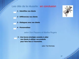 Les clés de la réussite :  en conclusion selon Don Peppers et Martha Rogers 1 - Identifiez vos clients 2 - Différenciez vos clients 4 - Personnalisez 3 - Dialoguez avec vos clients 5 - Une bonne stratégie consiste à aider  vos clients à utiliser vos produits  pour faire face à l'économie.   selon Ted Nicholas  